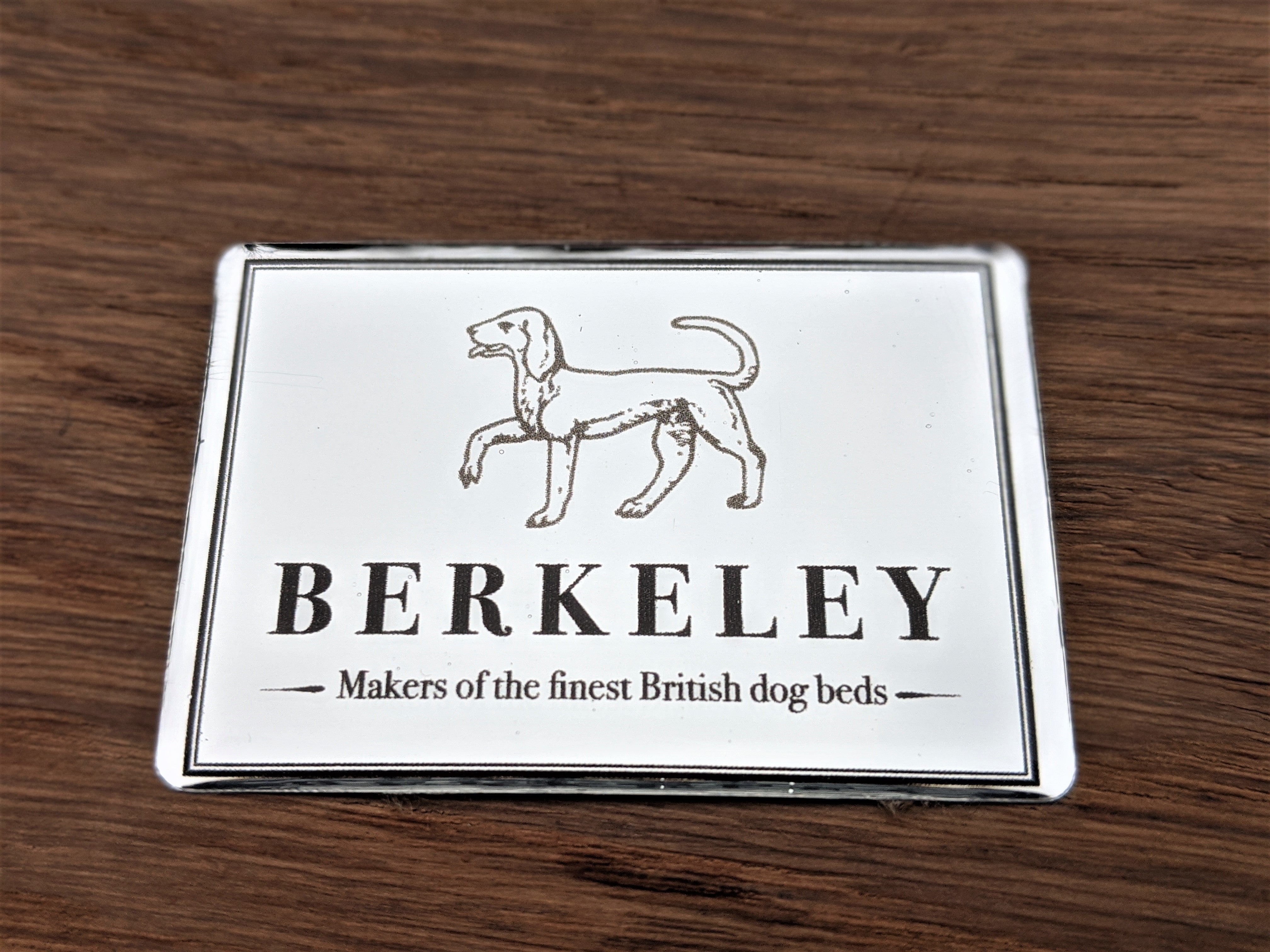 Logo detail on Berkeley Wooden Dog Bed